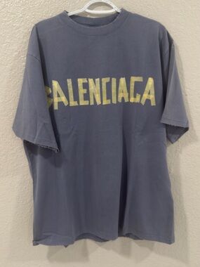 Balenciaga Men's Short  T-Shirt - Slate Blue with Yellow Print large oversized